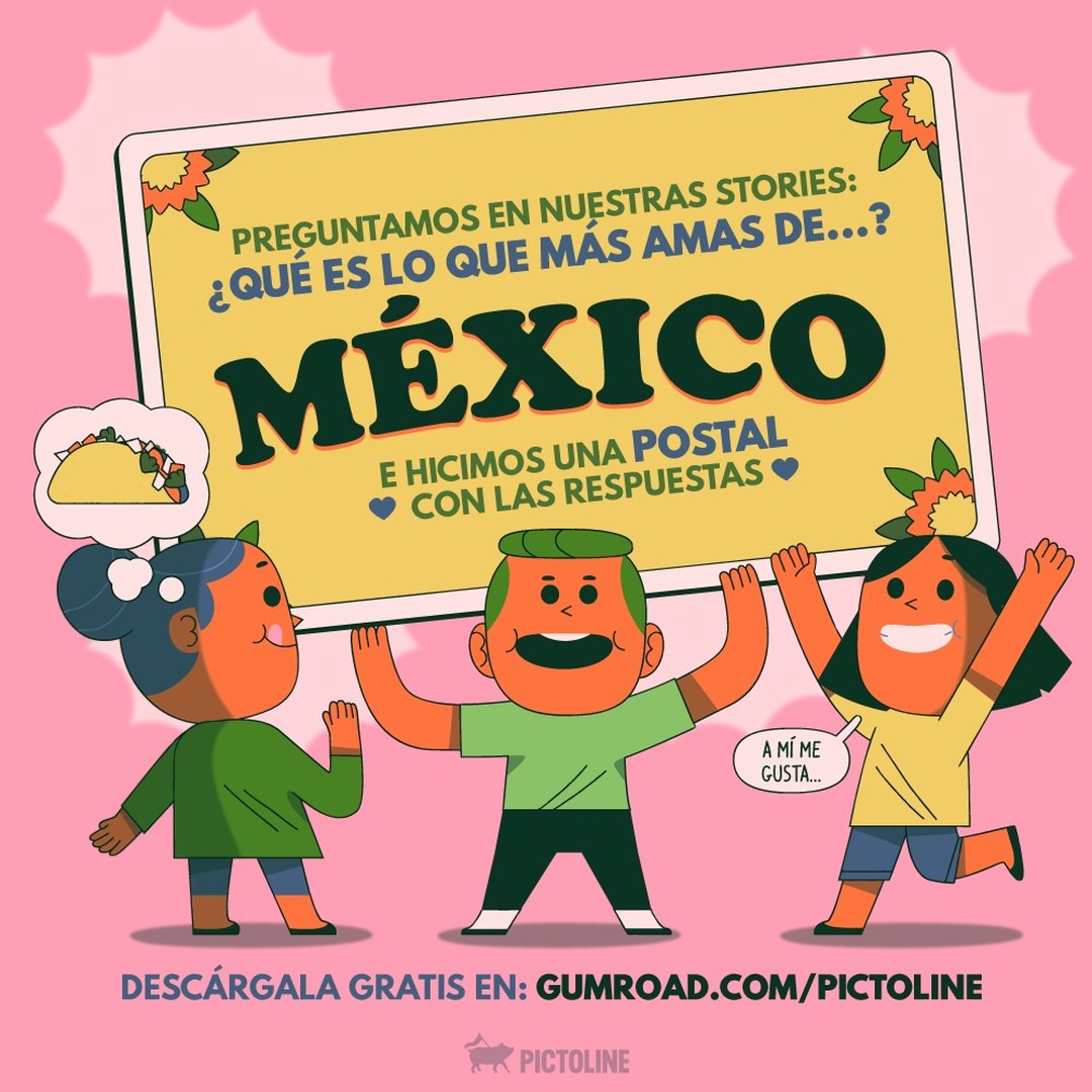 Preguntamos en nuestras stories: ❤️ ¿Qué es lo que más amas de México? ❤️ E hicimos una postal con las respuestas más mencionadas para celebrar a 🇲🇽🎉 Descárgala en gumroad.com/pictoline #mexico #postal #descarga #vivamexico #fiestaspatrias