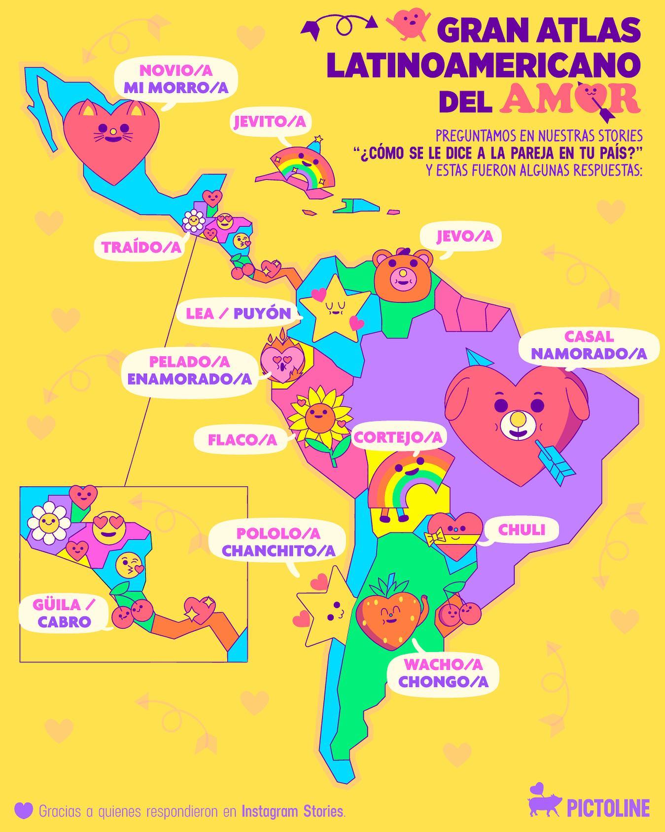 💖 Gran atlas latinoamericano del amor 💖 Algunas formas de decir "pareja" en Latinoamérica (según nuestra encuesta en IG) 👭🧑‍🤝‍🧑👫 #sanvalentin #14DeFebrero #latam #atlas #latinoamerica #love