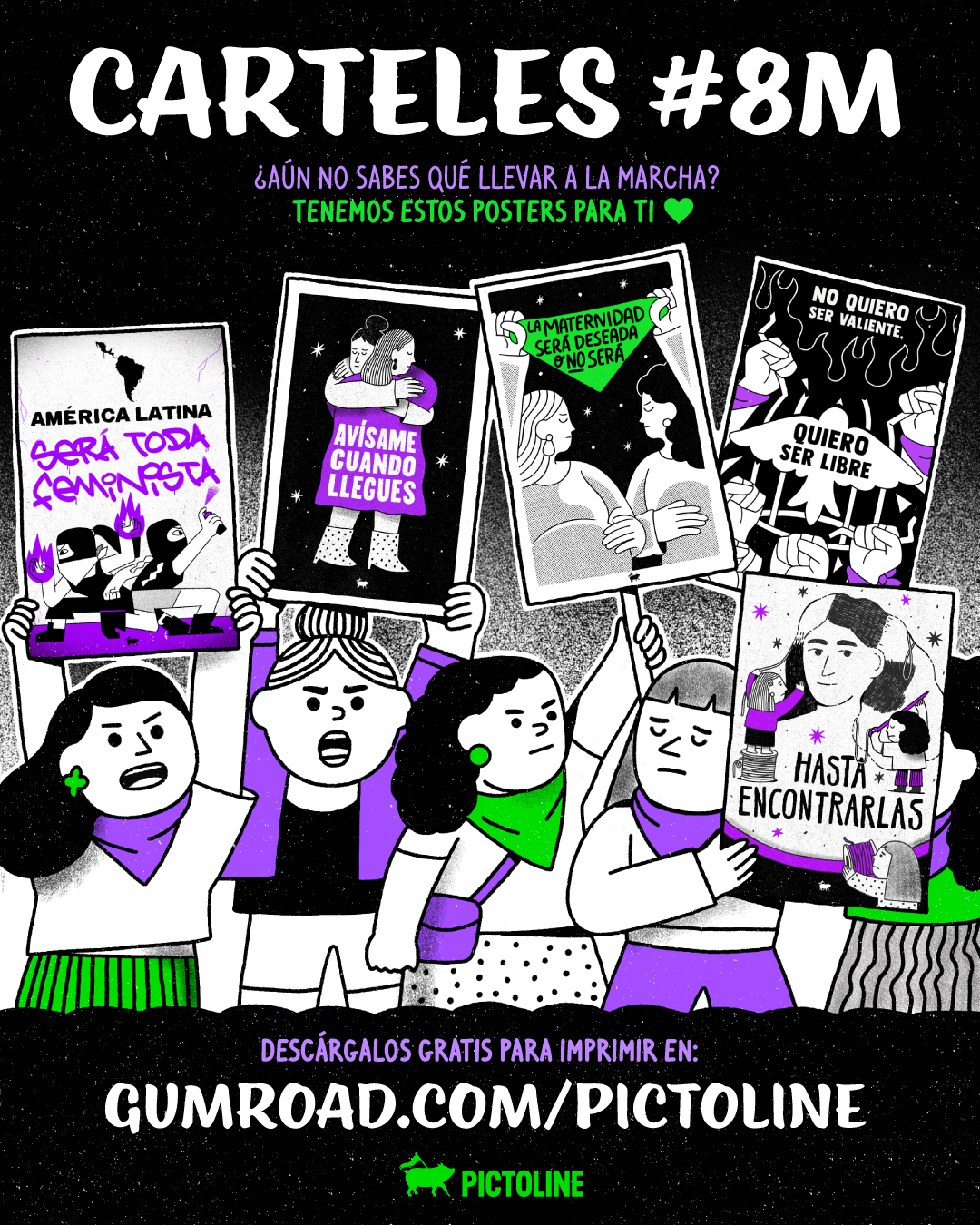 ¿Aún no sabes qué llevarás a la marcha este #8m #8m2023?Hicimos unos posters para ti 💚💖💜Descárgalos gratis para imprimir en: pictoline.gumroad.com/l/tjzvh