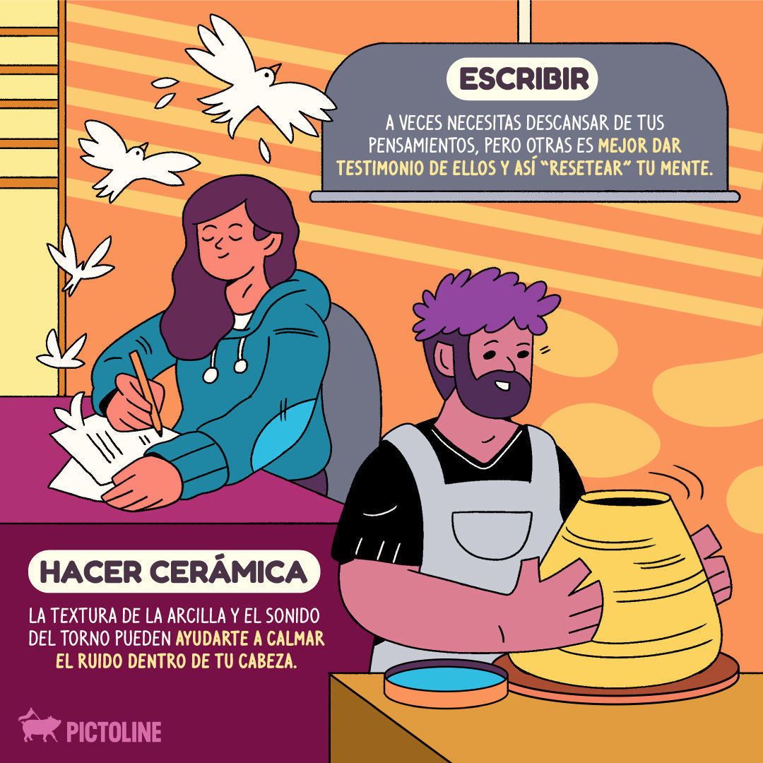 Caminar 🚶‍♀️🌳 probar cosas nuevas 🍲🍳 o hacer cerámica ✨Si eres de los que se les hace difícil meditar sentado 🧘, estas alternativas te pueden interesar: