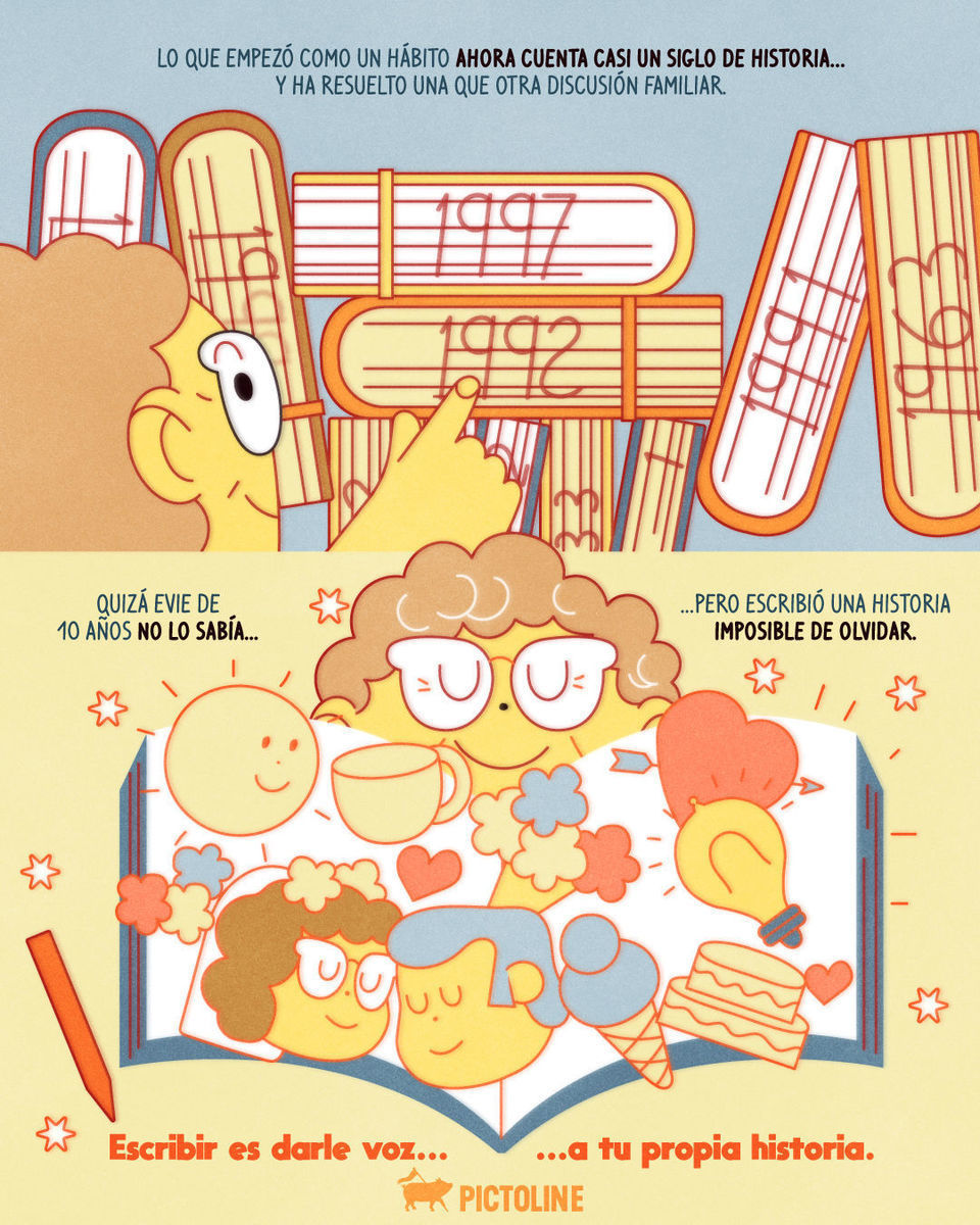 Tu historia merece ser contada ✨ ¿Y si empiezas hoy con un diario? ✍️ 📖⁣ ⁣ #EscribirUnDiario #HistoriasQueInspiran #MemoriasPersonales #MemoriaEscrita #SaludMental #LongevidadActiva #Pictoline