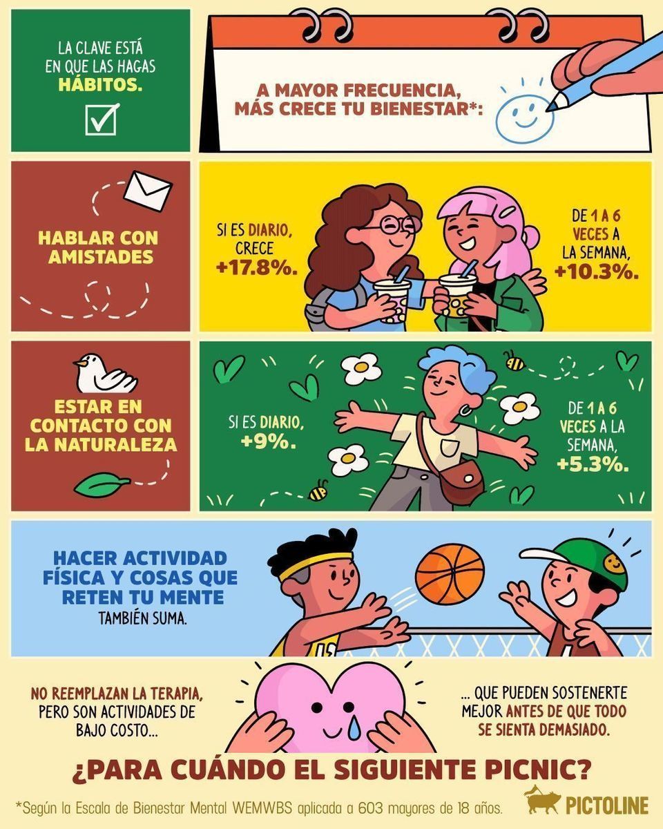 Cuidar tu salud mental no siempre es lo que imaginas 💸 A veces es tan simple como tirarte bajo los arbolitos con tus amix los fines de semana 🌳🧺🍓🍇🌳 #saludmental #psicologia #salud #bienestar #habitos #motivacion #pictoline