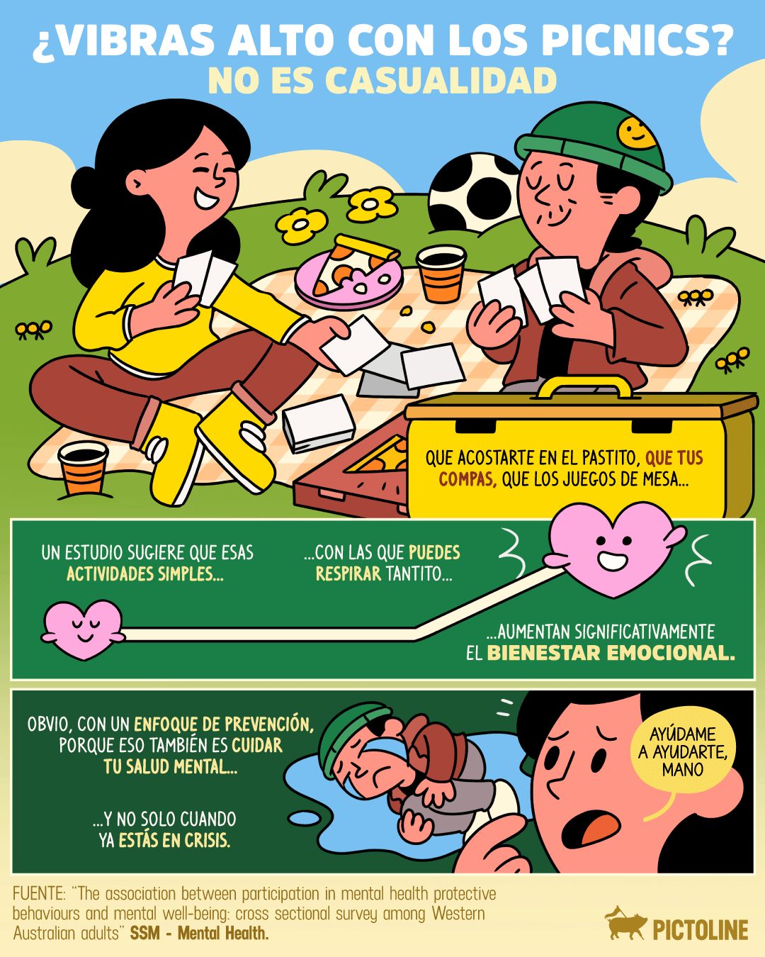 Cuidar tu salud mental no siempre es lo que imaginas 💸 A veces es tan simple como tirarte bajo los arbolitos con tus amix los fines de semana 🌳🧺🍓🍇🌳 #saludmental #psicologia #salud #bienestar #habitos #motivacion #pictoline