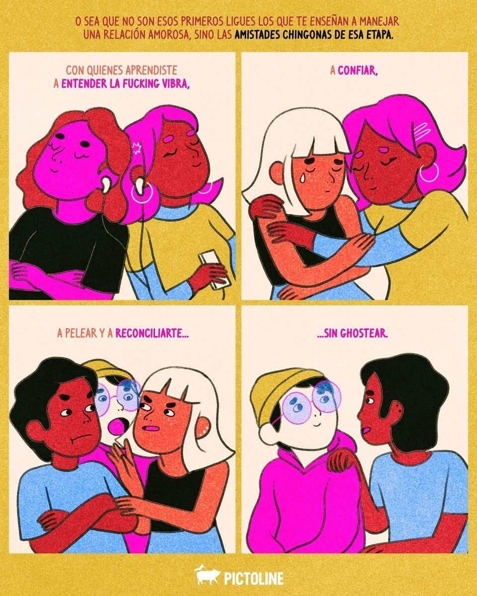 Las risas, peleas y secretos con tus amigos de la adolescencia eran tu entrenamiento para el amor 💛🍬✨ #amistades #adolescencia #amigos #amor #amistad #relaciones #amistadesduraderas #pictoline