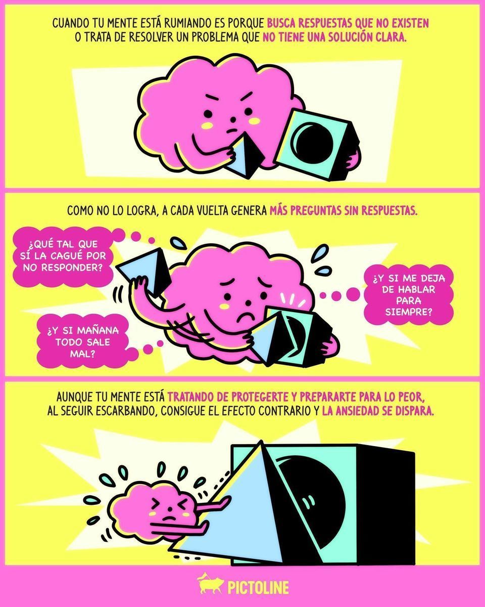 Ese horrible momento en que no dejas de sobrepensar algo y darle mil vueltas 💭😥 ¿Te ha pasado? #rumiacion #mente #sobrepensar #saludmental #pensamientos #ansiedad #pictoline