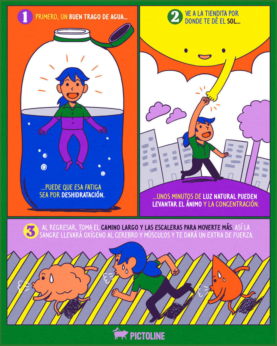 ¿Bajón de la tarde? 😩 Recarga tu energía con estos tips 🔋⚡⁣ ⁣ #bajon #energía #cansancio #fatiga #salud #bienestar #snacking #rutina #trabajo #ciencia #pictoline