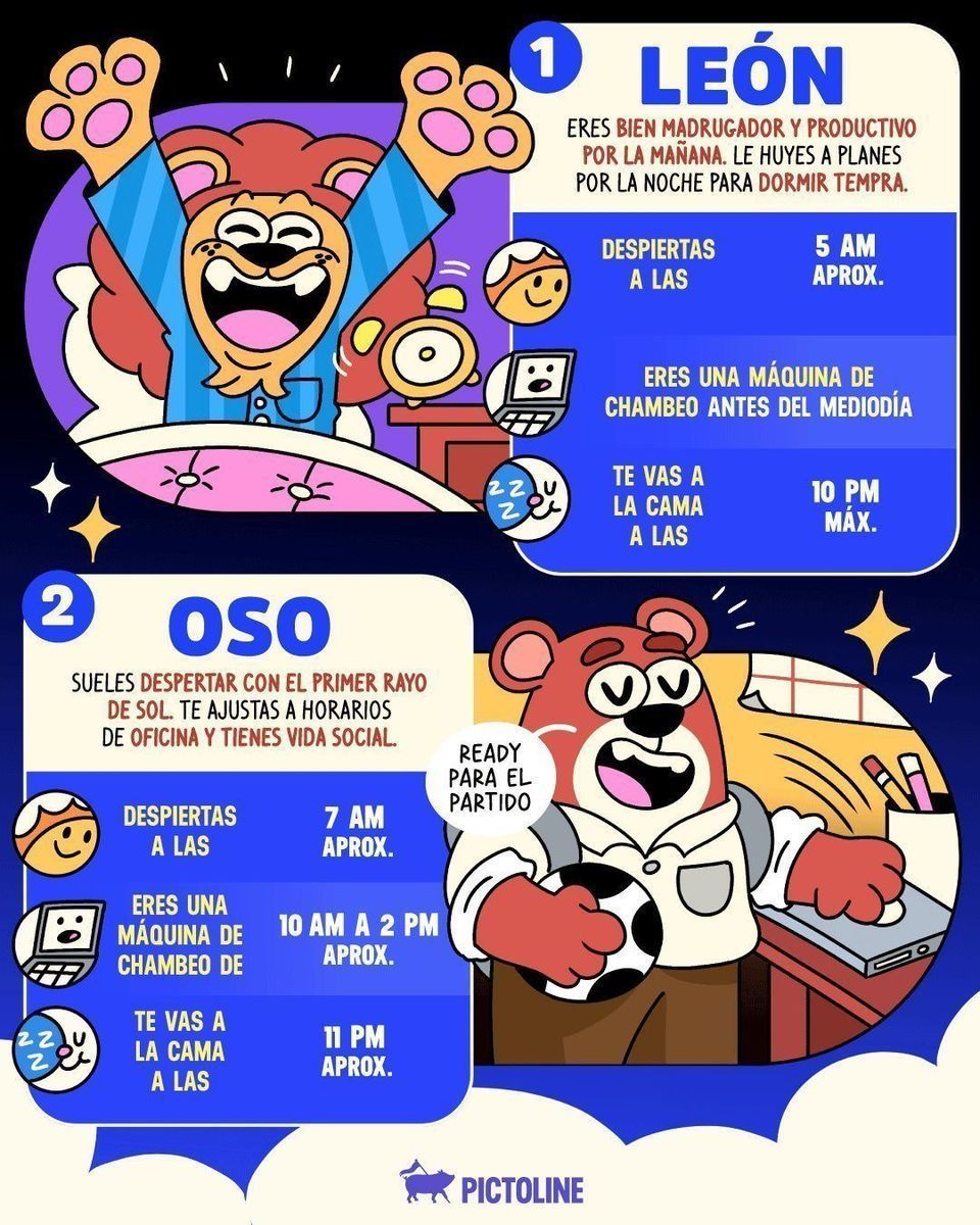 ¿Eres un león madrugador 🦁 o un lobo nocturno 🐺? Descubre cuál es tu cronotipo del sueño 🧠💤⁣ ⁣ #cronotipo #sueño #bienestar #descanso #ciencia #animales #salud #pictoline