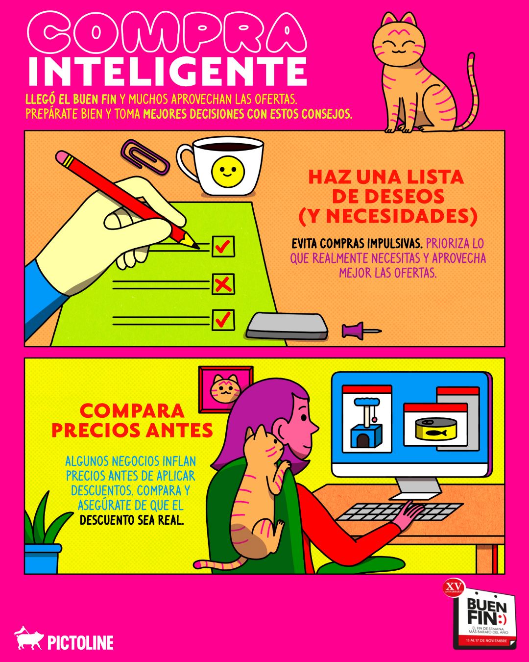 Si ya estás bien ready para aplicar el “me lo merezco” 😎 ✈️ 👜 💄 mejor prepárate y compra de forma inteligente 💳 👌⁣ ⁣ #buenfin2025 #buenfin #compras #promociones #pictoline