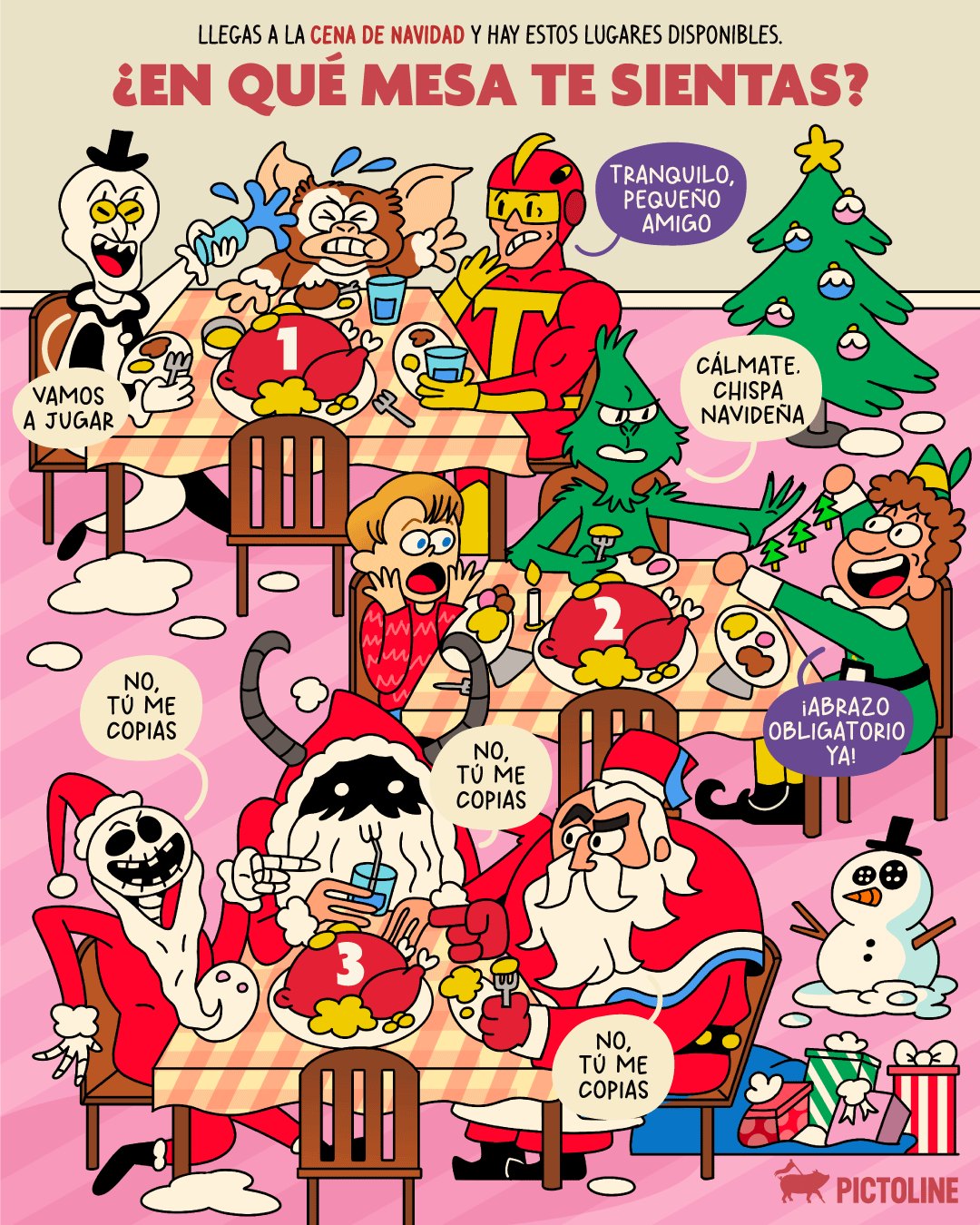 Si pudieras elegir en qué mesa sentarte esta Navidad, ¿cuál elegirías? 👀🍿🎄⁣ ⁣ #navidad #christmas #merrychristmas #grinch #jackskellington #regaloprometido #mipobreangelito #gizmo #artelpayaso #klaus #cena #chismecitotime #entretenimiento #emocio