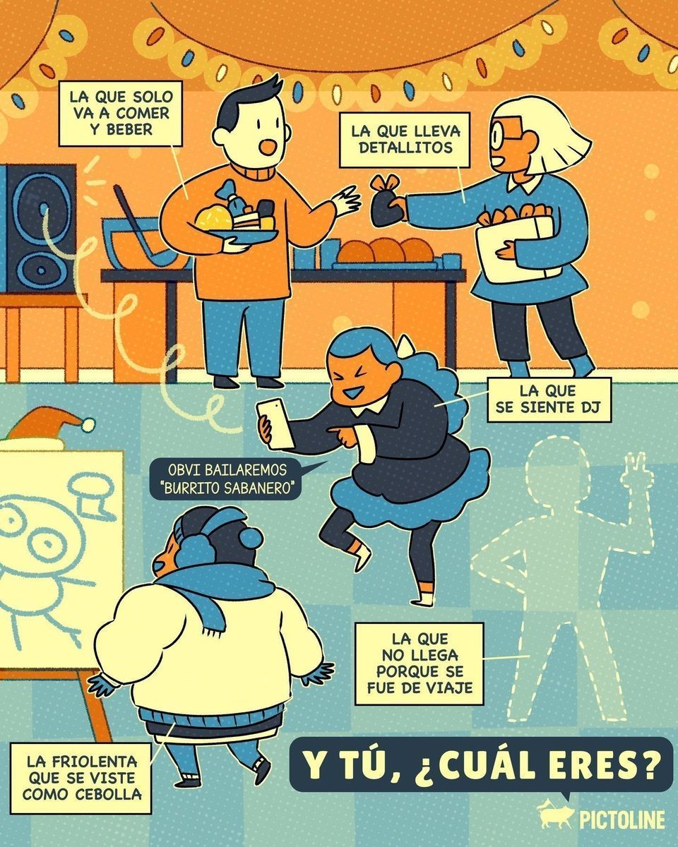 ¿Qué tipo de persona eres en las fiestas navideñas y por qué eres la que solo va a comer y beber? 😆🎄🍗🥂⁣ ⁣ #navidad #fiestas #navidad2025 #navidadconestilo #cultura #humor #pictoline