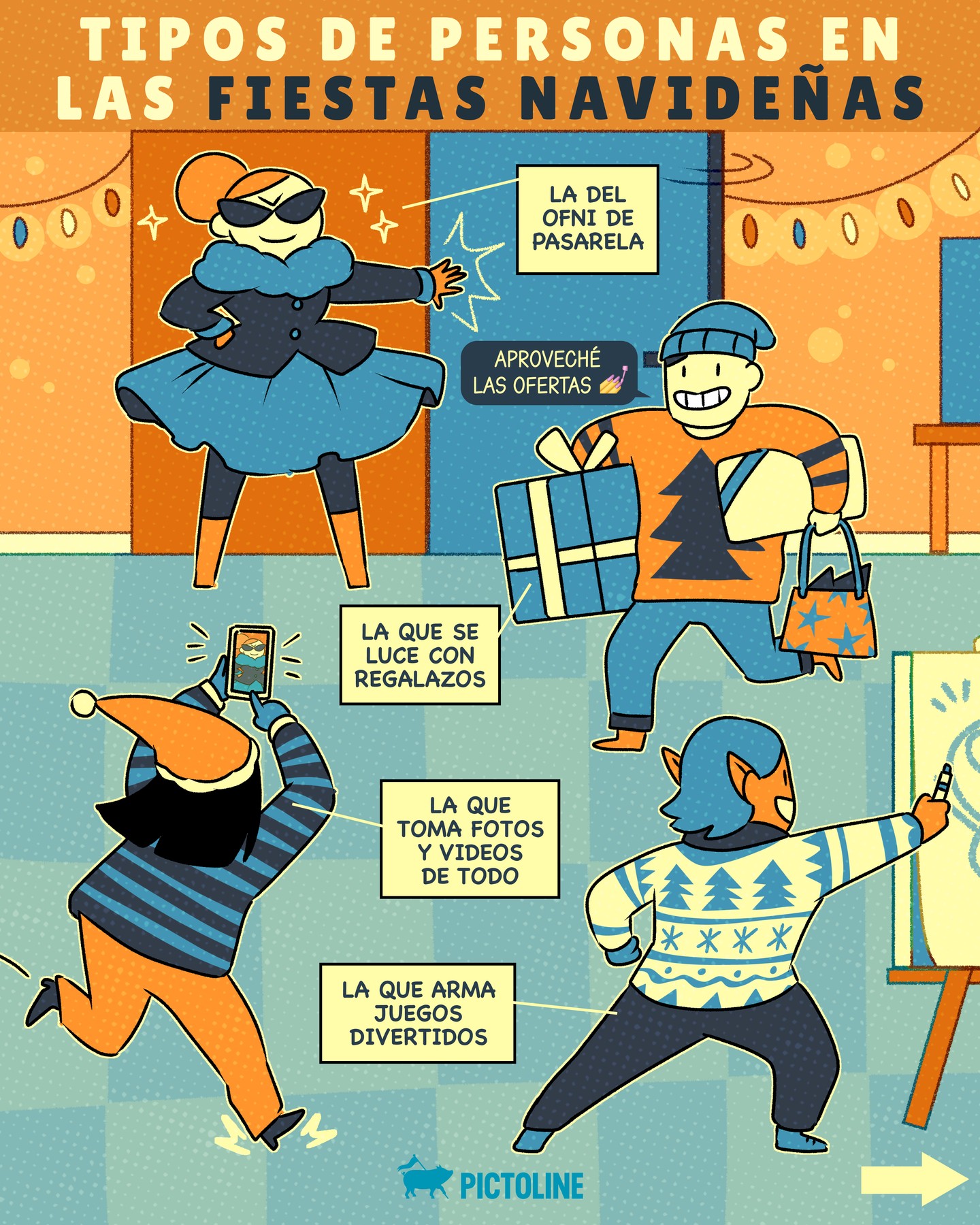 ¿Qué tipo de persona eres en las fiestas navideñas y por qué eres la que solo va a comer y beber? 😆🎄🍗🥂⁣ ⁣ #navidad #fiestas #navidad2025 #navidadconestilo #cultura #humor #pictoline