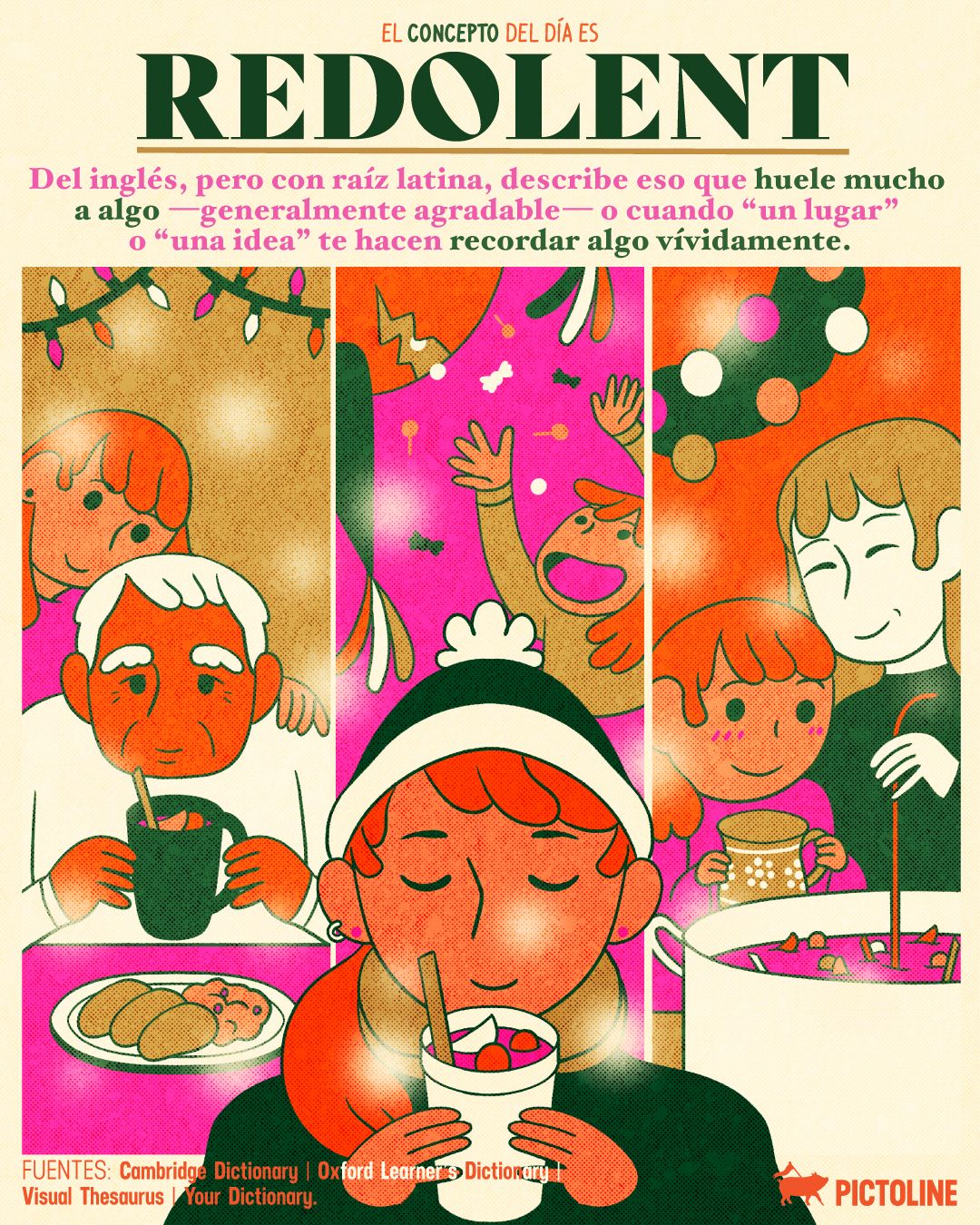 Ese olor o ese lugar que sabe a Navidad 🎄✨ eso es Redolent ☕🍊⁣ ⁣ ⁣ #palabradeldia #conceptodeldia #palabras #lenguaje #datoscuriosos #emociones #fiestasdecembrinas #aromas #recuerdos #pictoline