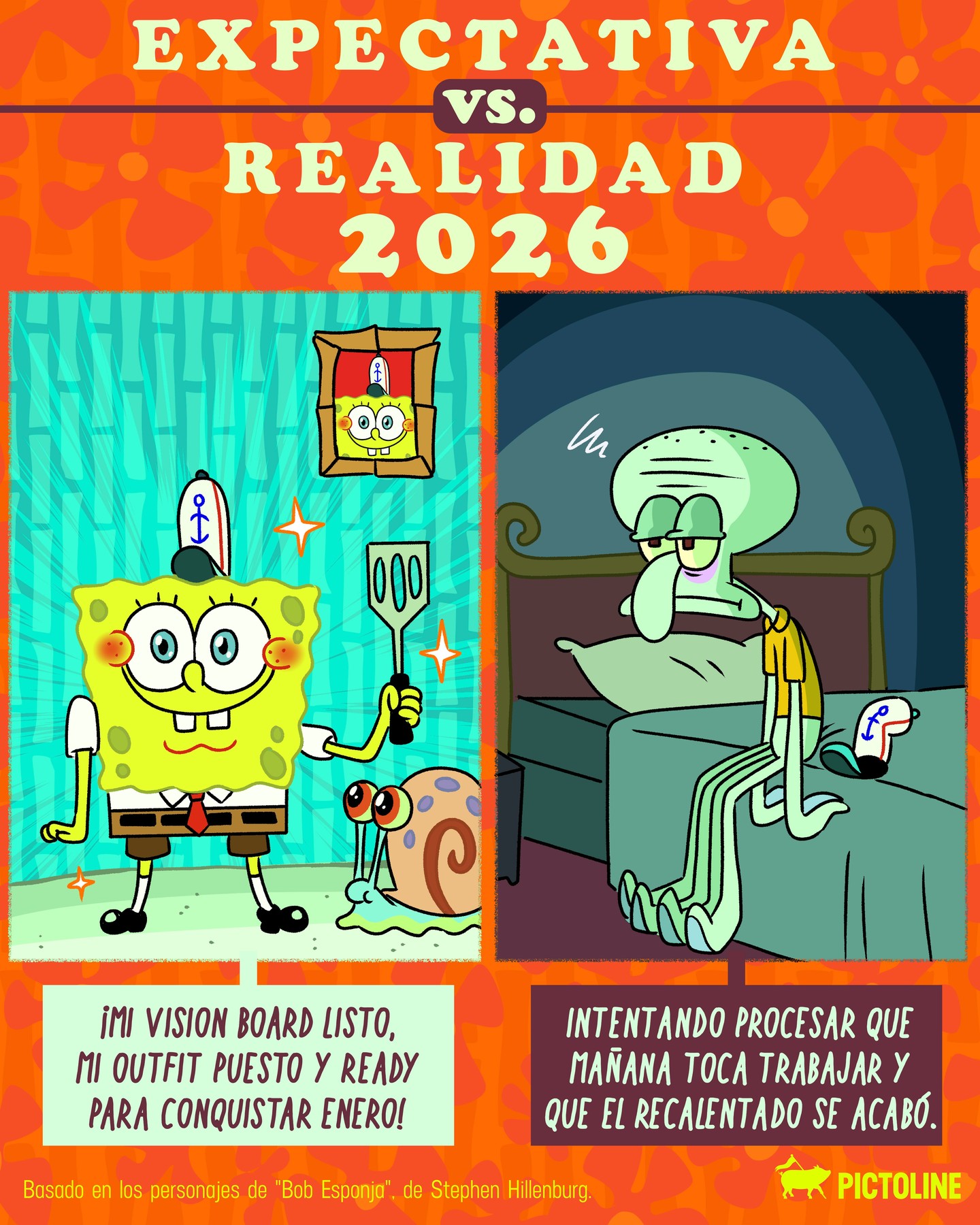 🧽 ¿Expectativa Bob o realidad Calamardo para este 2026? 🦑⁣ ⁣ #añonuevo #felizañonuevo #happynewyear2026 #proposito #expectativa #realidad #rutina #humor #emociones #pictoline