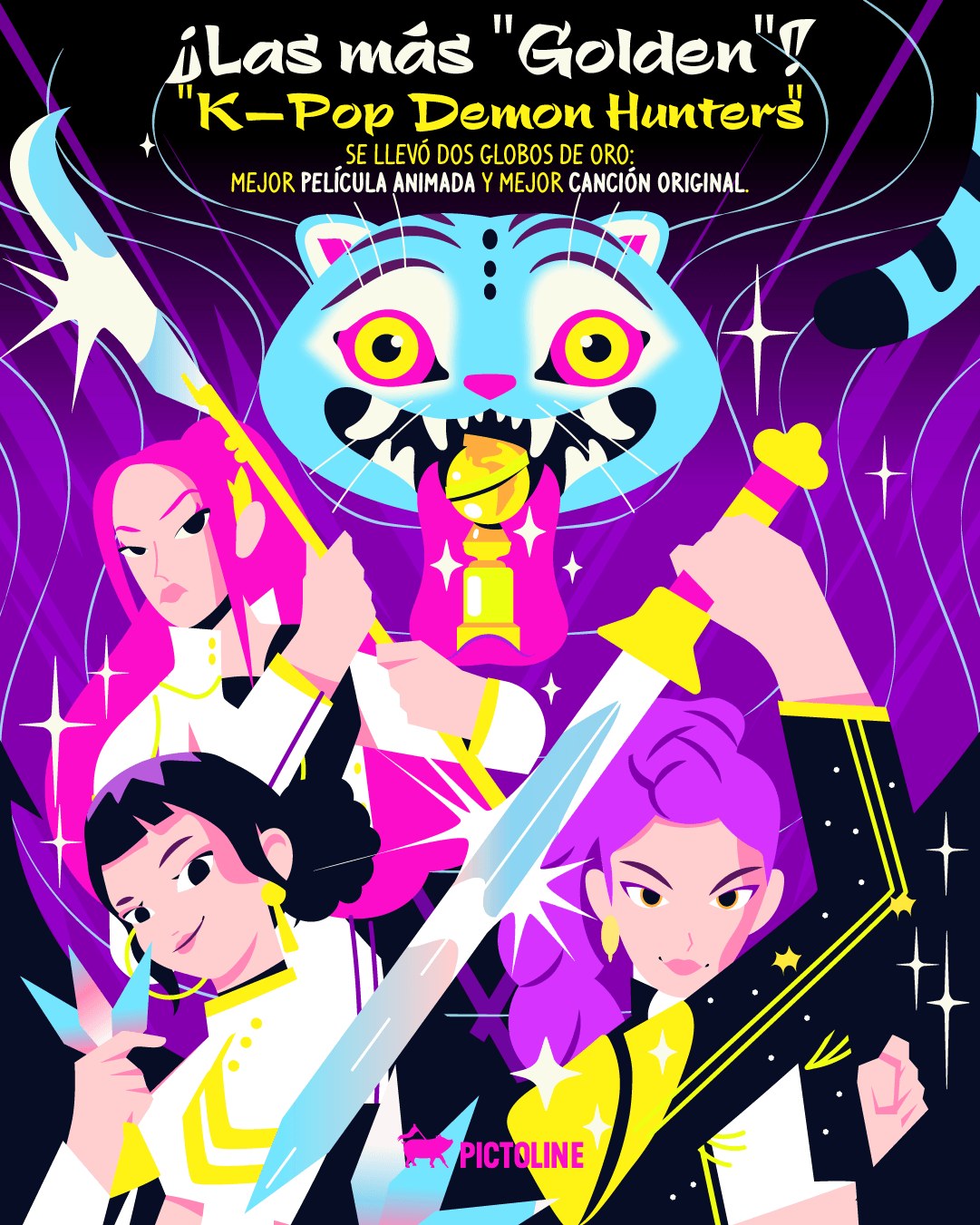 Las HUNTR/X salvaron la Honmoon y ahora conquistaron los Golden Globes ✨🎤🫰 #kpopdemonhunters #kpop #cine #animación #goldenglobes #pictoline