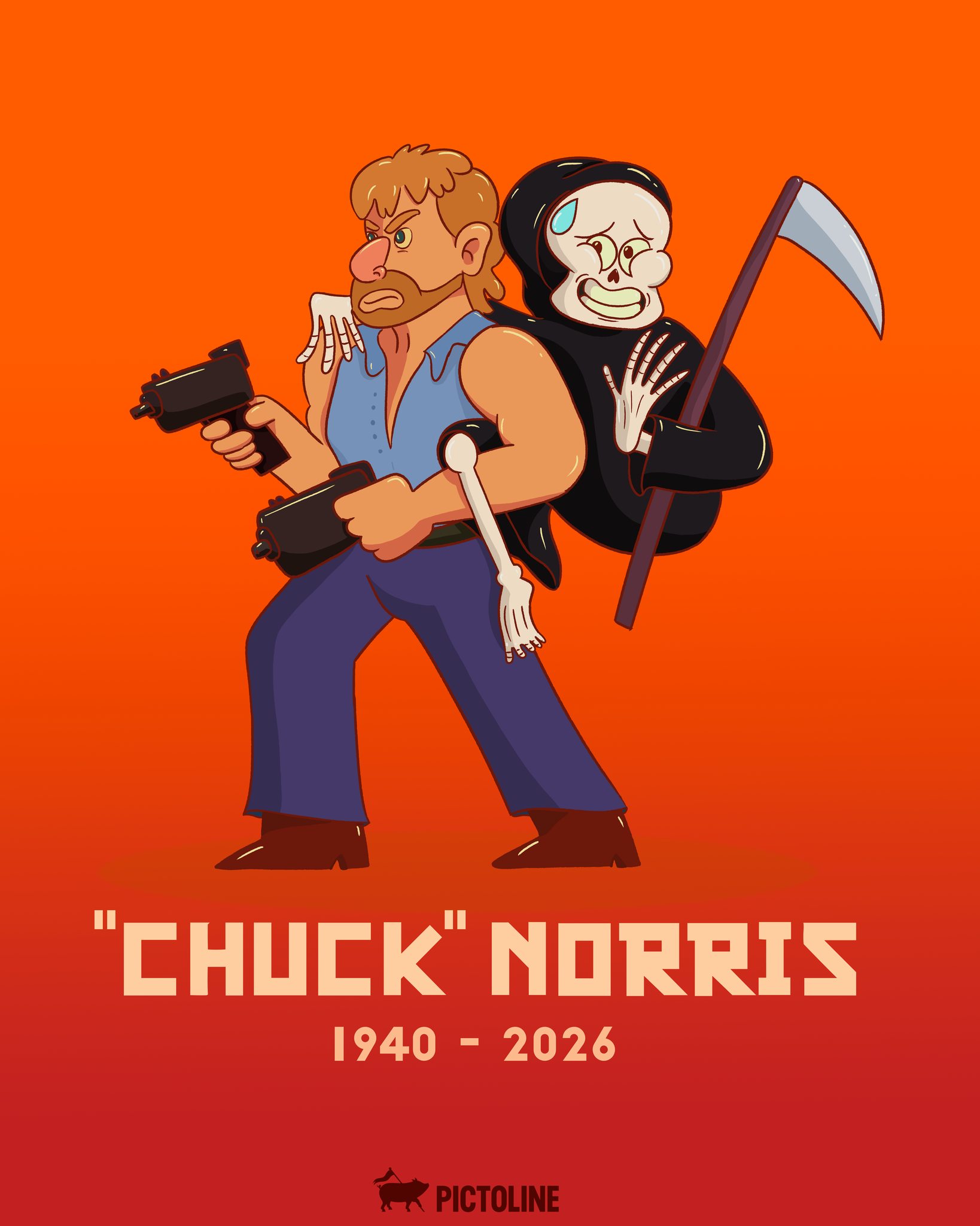 Chuck Norris no murió, suplió a la muerte 🫡 #breaking #chucknorris #chucknorrisfacts #leyenda #popculture #memes #humor #pictoline