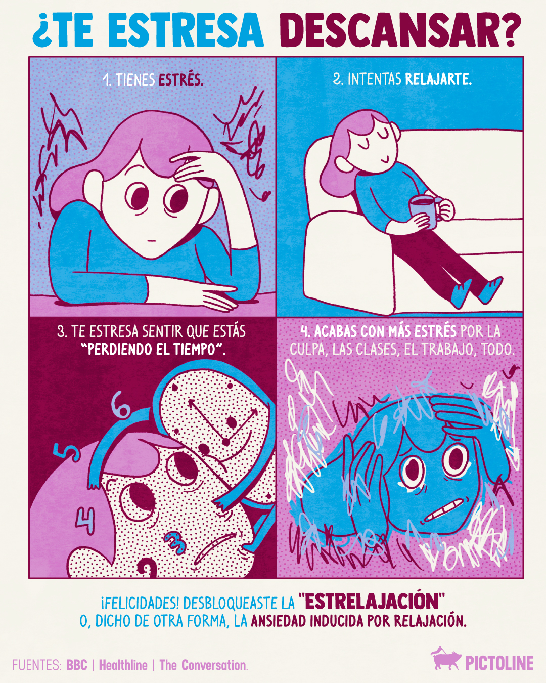 Cuando intentas relajarte… y te estresas más 😵‍💫⁣ ⁣ #estrelajacion #estres #relajacion #ansiedad #descanso #saludmental #bienestar #mente #overthinking #pictoline⁣