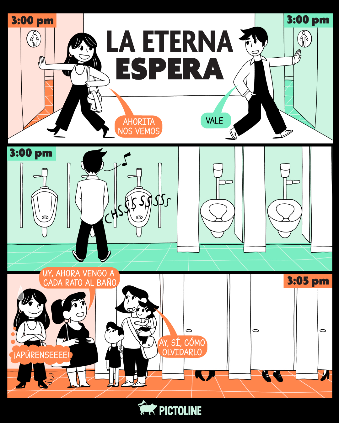 Nooombre, ¡y luego imagínate lo que es ir al baño público en un concierto! 👯👯🚽⏱️ ¿Cuánto es lo más que te has tardado en entrar?⁣ ⁣ #baño #experiencia #baños #sociedad #pictoline