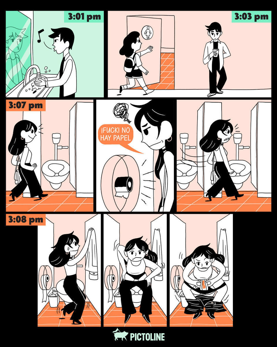 Nooombre, ¡y luego imagínate lo que es ir al baño público en un concierto! 👯👯🚽⏱️ ¿Cuánto es lo más que te has tardado en entrar?⁣ ⁣ #baño #experiencia #baños #sociedad #pictoline
