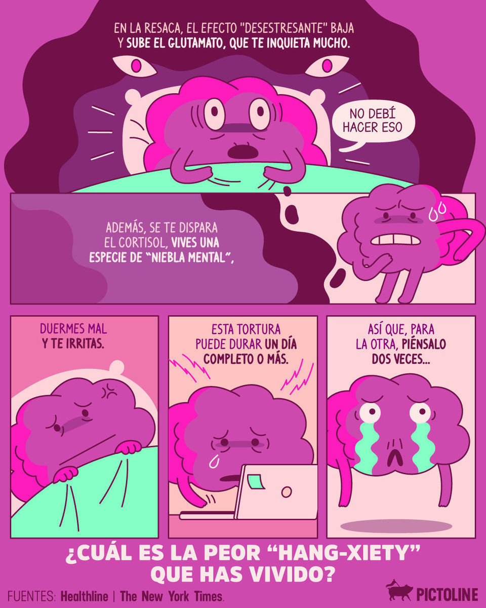 Agarrar la fiesta da un ratito de euforia, pero ¿a qué costooo? 🧠😵‍💫🍺⁣ ⁣ #ciencia #salud #ansiedad #cruda #hangxiety #pictoline